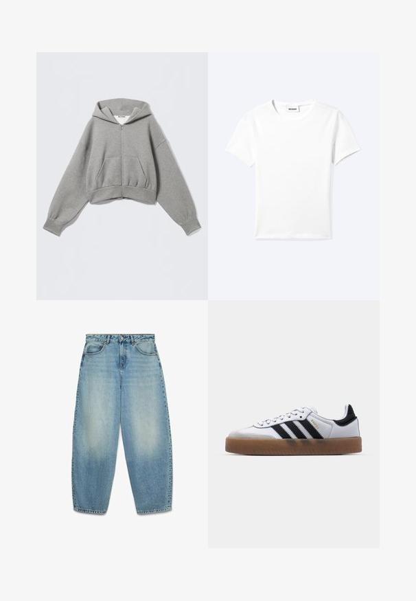 Sweat à capuche gris court en tissu doux, avec une fermeture éclair frontale, deux poches latérales et une capuche à cordon de serrage avec des poignets côtelés.; T-shirt blanc uni à manches courtes et col rond avec une petite étiquette "WEEKDAY" à l'intérieur de l'encolure, présenté à plat sur un fond clair.; Jean denim bleu clair taille haute avec détails délavés, bouton et fermeture éclair à l'avant, deux poches avant, et coupe décontractée effilée.; Baskets en cuir blanc avec des rayures noires, semelle extérieure en caoutchouc beige, bout rond, fermeture lacée et embout en suède gris doux.