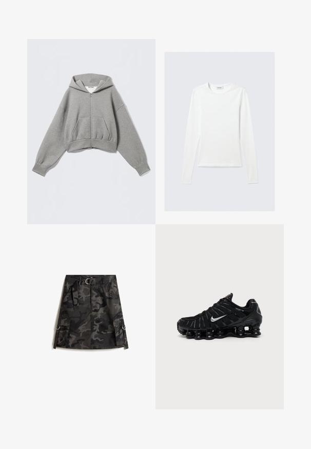 Afgekorte grijze hoodie gemaakt van zachte stof, met een voorrits, twee zijzakken en een tunnelkraag met geribbelde manchetten.; Effen wit shirt met lange mouwen en ronde hals, slim fit, afgebeeld tegen een lichtgrijze achtergrond.; Camo rok in donkergrijs en zwart, met een voorkleur rits, een riem met een zilveren gesp en twee cargozakken met ringen.; Zwarte Nike sportschoen met zilveren Swoosh-logo, mesh en synthetische bovenkant en een kenmerkende gesegmenteerde dempende zool.