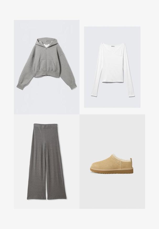 Sweat à capuche gris court en tissu doux, avec une fermeture éclair frontale, deux poches latérales et une capuche à cordon de serrage avec des poignets côtelés.; Haut blanc à manches longues avec un design croisé et une poche. Fabriqué dans un tissu lisse et extensible. Coupé dans une coupe décontractée et ample.; Pantalons larges gris à côtes avec une taille haute élastique. Le tissu semble doux et texturé, offrant une coupe décontractée sur toute la longueur.; Chaussure en daim à enfiler de couleur beige clair, dotée d'une douce doublure en fourrure et d'une semelle en caoutchouc texturé avec un léger talon et une sangle à l'arrière pour un enfilage facile.