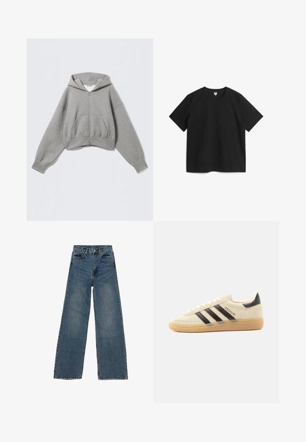Sudadera con capucha gris recortada hecha de tela suave, con cremallera frontal, dos bolsillos laterales y capucha con cordón y puños acanalados.; Camiseta negra de manga corta hecha de algodón. Con cuello redondo y un corte relajado, sin patrones ni adornos. Textura suave.; Jeans de mezclilla azul de pierna ancha con cintura alta, cinco bolsillos y costuras en contraste. Desvanecimientos y ligerasImperfecciones visibles en la tela.; Zapatilla de ante color crema con rayas negras, suela de goma, lengüeta negra en el talón y texto dorado "SPEZIAL" en el lateral.