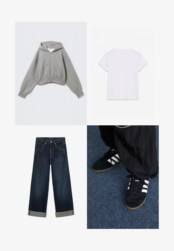Sudadera con capucha gris recortada hecha de tela suave, con cremallera frontal, dos bolsillos laterales y capucha con cordón y puños acanalados.; Camiseta blanca lisa de algodón de manga corta y cuello redondo, colocada plana sobre un fondo blanco.; Pantalones vaqueros de mezclilla azul oscuro con un diseño de pierna amplia, con dobladillos remangados, cinco bolsillos y un cierre de botón. Detalle de costura gruesa visible.; Zapatillas deportivas de ante negro con tres rayas blancas y cordones negros. Un pantalón negro texturizado es parcialmente visible al lado de las zapatillas.