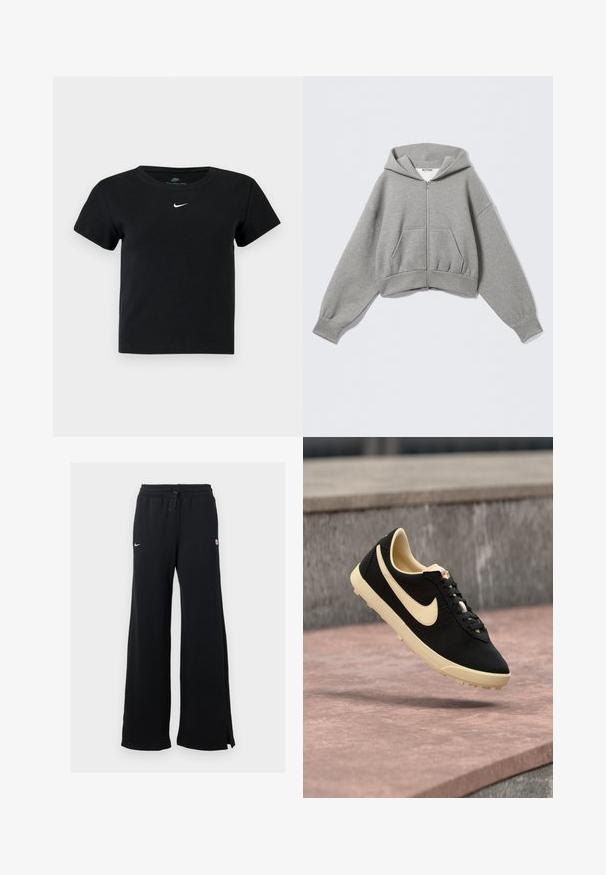 Kort grå hættetrøje lavet af blødt stof, med lynlås foran, to sidelommer og en hætte med snøre samt ribstrikkede manchetter.; Sort ribbet t-shirt med korte ærmer, der har et lille hvidt Nike-logo på brystet og en rund halsudskæring.; Sorte joggingbukser med bredt ben, elastisk talje, snøre og logodetalje. Stoffets tekstur virker blød og behagelig.; Sort og beige Nike-sneaker med snørebånd, svævende over en lyserød stenoverflade og med grå betonbaggrund.