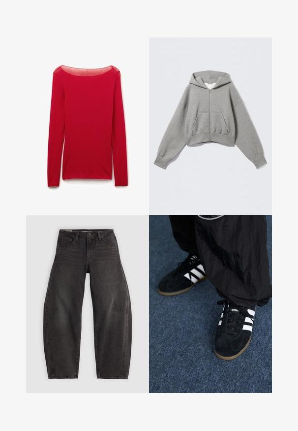 Sudadera con capucha gris recortada hecha de tela suave, con cremallera frontal, dos bolsillos laterales y capucha con cordón y puños acanalados.; Top ajustado de manga larga roja con un escote redondeado transparente, presentado plano sobre un fondo blanco.; Jeans de mezclilla negra con un corte relajado, que cuentan con cinco bolsillos, cierre de botón y un ligero desgastado. La tela tiene una textura suave y resistente.; Zapatillas deportivas de ante negro con tres rayas blancas y cordones negros. Un pantalón negro texturizado es parcialmente visible al lado de las zapatillas.