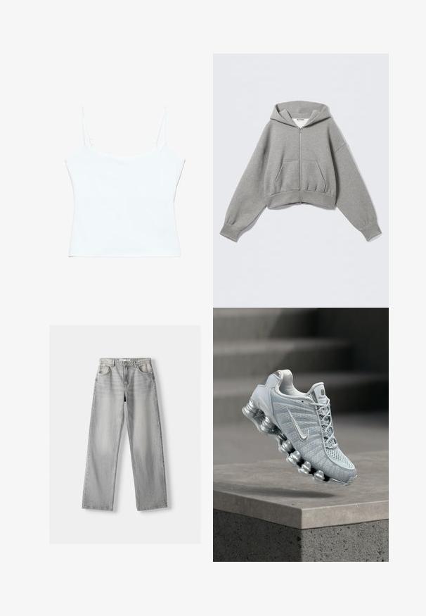 Sweat à capuche gris court en tissu doux, avec une fermeture éclair frontale, deux poches latérales et une capuche à cordon de serrage avec des poignets côtelés.; Camisole blanche courte avec fines bretelles spaghetti réglables et un décolleté droit.; Jean en denim gris clair avec une coupe droite, dotée de deux poches avant, d'un bouton de fermeture et d'un léger délavage pour la texture.; Chaussure de course Nike gris clair avec une semelle amortissante en forme de ressort flottant au-dessus d'un rebord en béton, arrière-plan d'escalier flou.