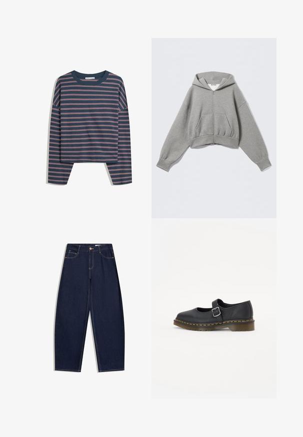 Grauer, kurz geschnittener Hoodie aus weichem Stoff mit Frontreißverschluss, zwei Seitentaschen und einer Kapuze mit Kordelzug sowie gerippten Bündchen.; Marineblaues Langarmoberteil mit weißen und rosa horizontalen Streifen; Rundhalsausschnitt; lockere Passform; weicher Stoff; seitliche Schlitze am Saum für mehr Bewegungsfreiheit.; Dunkelblaue Jeans aus Denim mit lockerem Schnitt, fünf Taschen, Knopfverschluss und kontrastierenden gelben Nähten entlang der Nähte.; Schwarze Leder-Mary-Jane-Schuhe mit abgerundetem Zeh, verstellbarem Schnallenverschluss, gelben Nähten und einer dicken braunen Gummisohle.