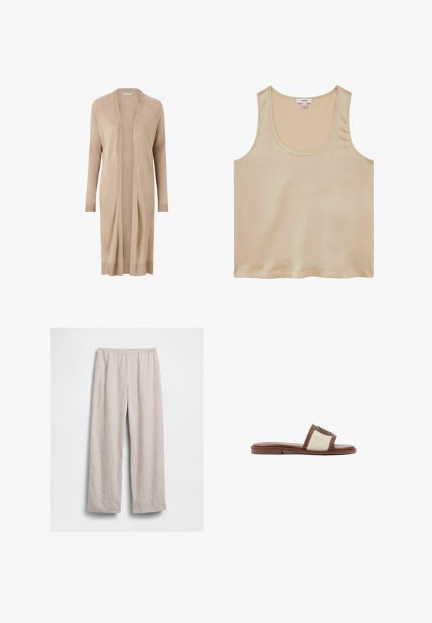 Beige, lang cardigan lavet af blødt strikket stof. Åben foran med ribstrikkede manchetter og kant, har et enkelt, minimalistisk design. Velegnet til lag-på-lag brug.; Reiss REGULAR FIT - Bluse - neutral; Lysebeige løstsiddende bukser med elastisk taljebånd, lige ben og ingen synlige lommer, vist fladt mod en hvid baggrund.; Brune læderslidesandal med en beige vævet overdel, flad sål og rund tå. Designet inkluderer en logoakcent på remmen.