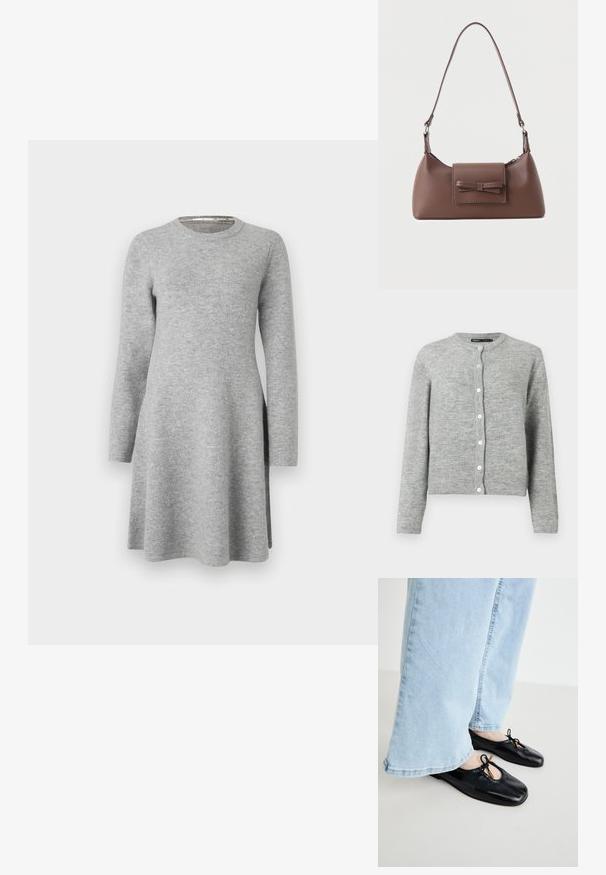 Lichtgrijze cardigan van zachte brei stof, met een ronde halslijn, lange mouwen en zes witte knopen aan de voorkant.; Grijze langslavend dress van zachte stof; heeft een ronde halslijn en een ontspannen pasvorm, die iets uitloopt aan de zoom met zijsplitten.; Zwarte leren ballerina's met een ronde neus, voorzien van een uitsnede en strikdetail, gedragen met lichtblauwe wijdgesneden jeans.; Bruine leren schoudertas met een voorvak met klep en een gestikte strikdetail en een verstelbare band.