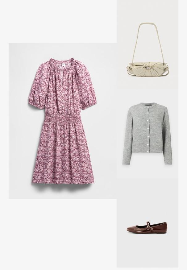 Cardigan gris claro hecho de tela de punto suave, con un escote redondo, mangas largas y seis botones blancos en la parte delantera.; Vestido floral en tonos rosa y blanco, con cintura fruncida, mangas abullonadas, botones al frente y textura de tela suave.; Bailarina de charol marrón con punta cuadrada y tira que presenta una pequeña hebilla dorada. Textura suave, tacón bajo y diseño minimalista.; Bolso beige de cuero con diseño fruncido y detalle de hebilla plateada, con una correa larga y sección de asa acolchada.