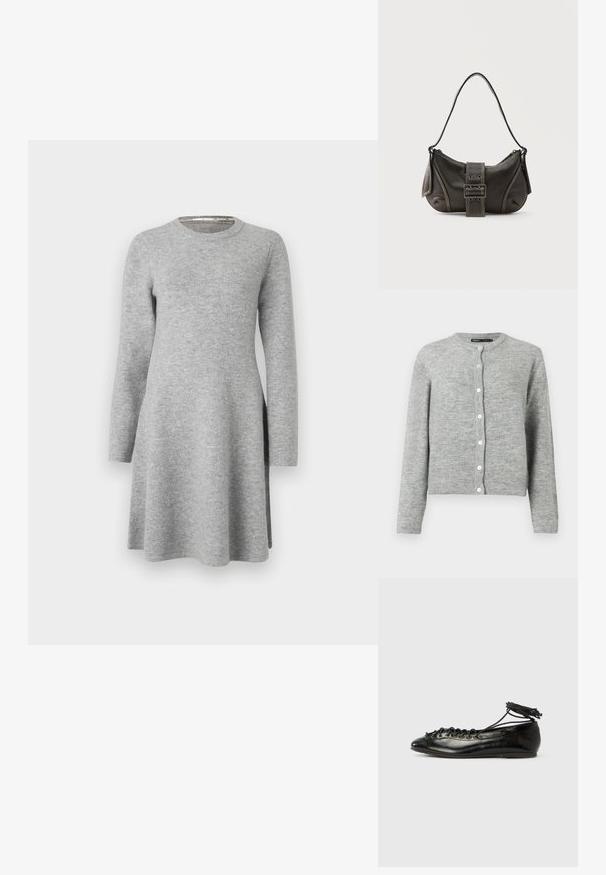 Gilet gris clair en tricot doux, avec un col rond, des manches longues et six boutons blancs sur le devant.; Robe grise à manches longues en tissu doux ; présente un col rond et une coupe décontractée, s'évasant légèrement à l'ourlet avec des fentes latérales.; Ballerines en cuir verni noir avec un bout rond, un design à lacets et une semelle plate. Texture lisse avec peu de détails.; Sac à épaule en cuir noir avec une sangle à boucle, des bords arrondis et des coutures blanches contrastées sur un fond uni.