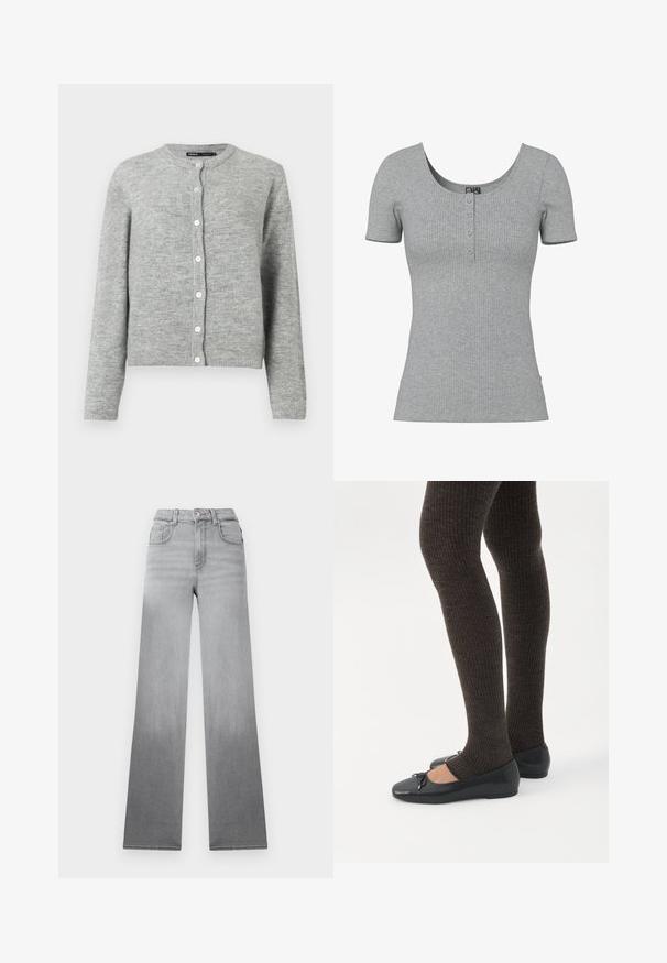 Lys grå cardigan lavet af blødt strikstof, med rund halsudskæring, lange ærmer og seks hvide knapper ned ad fronten.; Grå ribbet kortærmet top med en rund Halsudskæring og fire små knapper ned foran midt på.; Grå jeans med en falmet ombré-effekt, højtaljet design, klassisk fem-lomme stil og lige, brede ben lavet af denimstof.; Ben iført mørke ribbede leggings kombineret med sorte balletsko med små sløjfedetaljer på hvid baggrund.