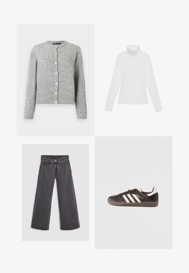 Hele hall kardigan pehmest kootud kangast, ümmarguse kaeluse, pikkade varrukate ning kuue valge nööbiga ees.; Valge pikkade varrukate turtleneck-särk, mis on valmistatud siledast ja venivast kangast. Omab kõrget kraed ja keha lähedast lõiget, ilma nähtavate mustrite või kaunistusteta.; Laiad säärtega teksad tuhmmust mustast denimist, millel on nööbiga sulg, nööriga vöö ja peened oranžid õmblused.; Tumepruunid nahast tossud valge kolme triibu mustriga, kummist tallaga ja kuldsete tähtedega "Samba" küljel. Klassikaline madala lõikega kuju.