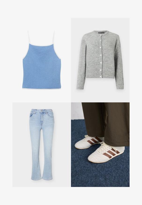 Lys grå cardigan lavet af blødt strikstof, med rund halsudskæring, lange ærmer og seks hvide knapper ned ad fronten.; Lyseblå strikket tanktop med hvid kant, der har tynde skulderstropper og en tætsiddende design med en glat, tekstureret overflade.; Lyseblå jeans med høj talje og bootcut, fem lommer, knaplukning og subtile slidtegn på lårene foran.; Hvide sneakers med brune striber, iført brune bukser på et blåt tæppe.