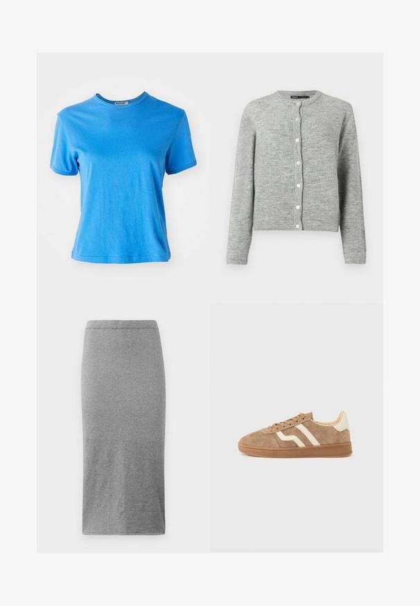 Gilet gris clair en tricot doux, avec un col rond, des manches longues et six boutons blancs sur le devant.; T-shirt bleu à manches courtes en coton. Encolure ronde avec une texture douce et une coupe légèrement décontractée. Sans motifs ni accents supplémentaires.; Jupe grise, longueur genou, fabriquée en tissu doux et extensible. Présente un design simple et près du corps avec une taille élastique et une texture lisse.; Baskets en daim marron avec rayures blanches en accent, bout arrondi, intérieur beige et semelle extérieure en caoutchouc. Lacets à surface texturée.