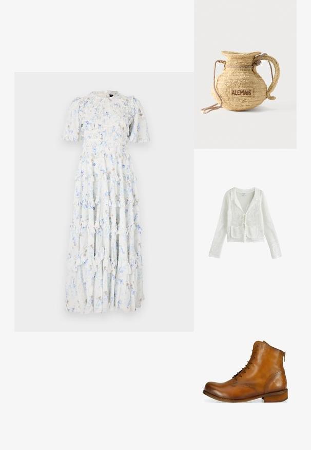 Hvid åbenstrikket cardigan med lange ærmer, blomstermønster, to forlommer, bølgekant og bindebånd foran.; Maxi kjole i lyseblå stof med blomsterprint, med flæser, korte ærmer og rund halsudskæring.; Brun læder ankelstøvle med rund tå, snørebånd foran, lynlås i siden og en lav træhælt. Har et diskret præget logo på hælen.; Rund flettet stråtaske med håndtag af reb og "ALEMAIS" broderet på siden med brunt garn.