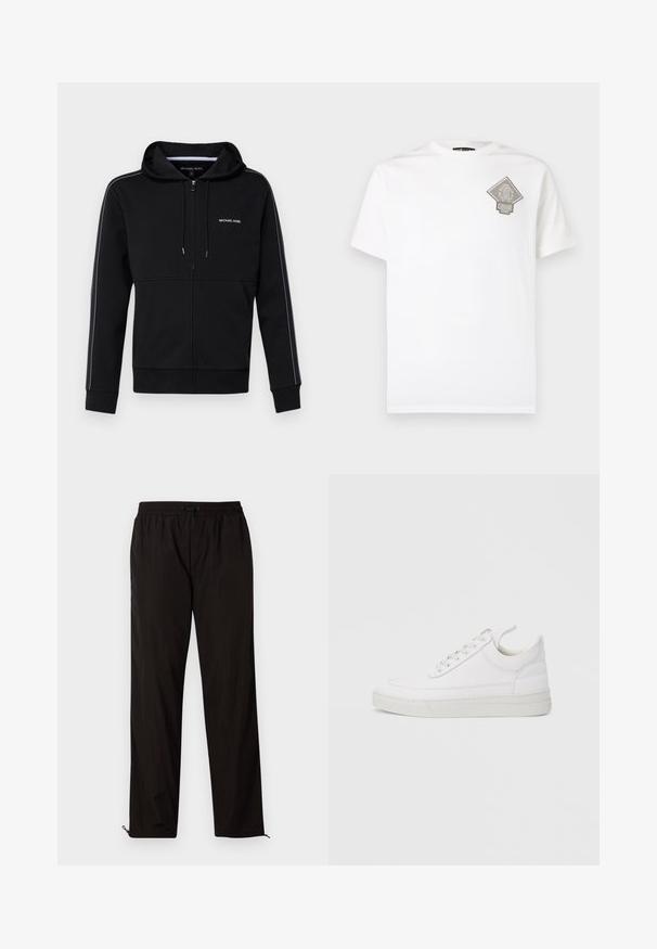 Schwarze Zip-Hoodie aus Baumwollmischung, mit Kordelzugkapuze, weißem Logo auf der Brust und kontrastierenden Seitestreifen.; Weißes Baumwoll-T-Shirt mit einem grauen, diamantförmigen Logo auf der linken Brust. Kurze Ärmel, Rundhalsausschnitt und normale Passform.; Schwarze leichte Hose mit elastischem Bund, Kordelzugverschluss und Reißverschluss am Saum für eine verstellbare Passform. Glatte, elegante Textur.; Weißer Ledersneaker mit abgerundetem Zehenbereich, flacher Sohle und Schnürverschluss. Verfügt über Nahtdetails und einen gepolsterten Kragen für zusätzlichen Komfort.