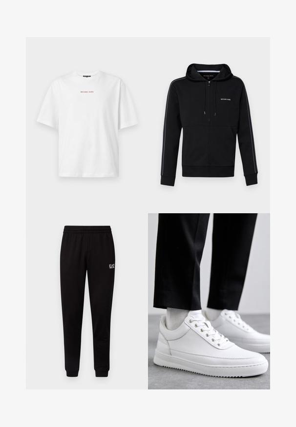 Sort zip-up hættetrøje lavet af bomuldsblanding, med snøre i hætten, hvidt logo på brystet og kontrasterende side-striber.; Hvid kortærmet t-shirt med rund hals og lille rød "MICHAEL KORS" tekst centreret på brystet.; Sorte sweatpants med elastisk talje, tætsiddende ben og et lille hvidt logo på den øverste venstre side. Glat tekstur og enkelt design.; Hvide lædersneakers med en flad gummisål, der har en glat overflade, rund tå og metaløjer til snørebånd. Bæret med sorte bukser.