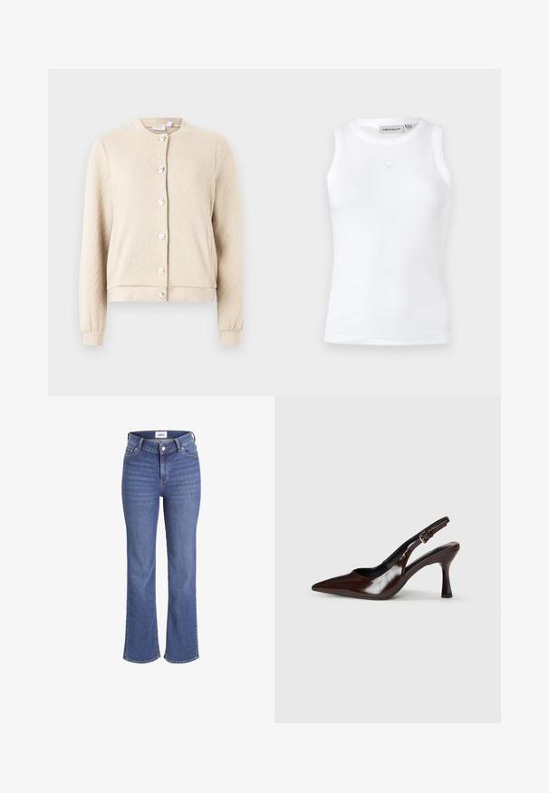 Beige strukturierter Cardigan mit einem Fischgrätmuster, Rundhalsausschnitt und sechs glänzenden Knöpfen auf der Vorderseite sowie elastischen Bündchen und Saum.; Weißes ärmelloses Tanktop aus geripptem Stoff. Mit einem runden Halsausschnitt und einem kleinen Logo in der Mitte der Vorderseite. Einfaches Design.; Dunkelblaue Denim-Jeans mit hoher Taille, weitem Bein und einem traditionellen Fünf-Taschen-Design. Merkmale sind sichtbare Nähte und ein vorderer Knopfverschluss.; Braune lackleder Slingback-Absätze mit spitzem Zehen, einem dünnen Absatz und einem verstellbaren Riemen mit einer kleinen Schnalle.