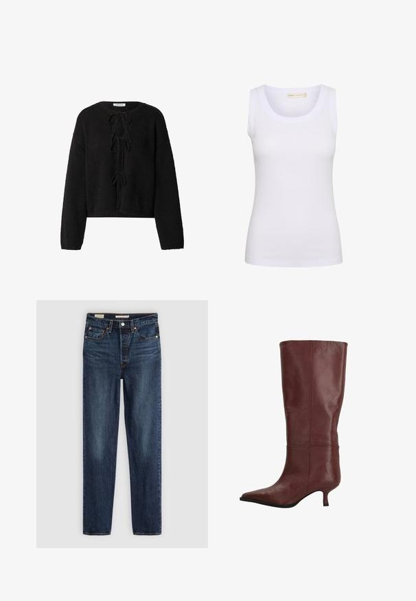 EDITED Vest - schwarz; Witte geribbelde mouwloze tanktop met ronde hals, klein merketiket aan de binnenkant van de kraag en een getailleerde pasvorm.; Diepblauwe rechte jeans met vijf zakken, knoop- en ritssluiting, en contrasterende stiksels.; Bordeaux leren kniehoge laars met een spitse neus en een slanke hak. Heeft een gladde textuur en een minimalistisch ontwerp, zonder extra versieringen.
