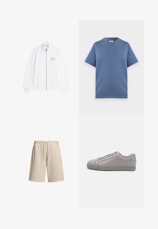 Valge lukkudega jakk kõrge kraega, soonikkoes mansettidega ja vasakul rinnal "Tommy Hilfiger" logo.; Lihtne lühikeste varrukatega ümarselga T-särk ühtlases tuhmunud sinises toonis, laotatud lahti helehallil taustal.; Kreemjad lühikesed püksid, mis on valmistatud puuvilla segust, elastse vöökoha ja nööriga, millel on kaks külgtaskut ja väike logo tikand allääres.; Hallux nahkkingad siledaga viimistlusega, lame paeltega, ümarate varvastega ja kontrastse halli kummitaldaga. Minimalistlik disain ja tekstuur.