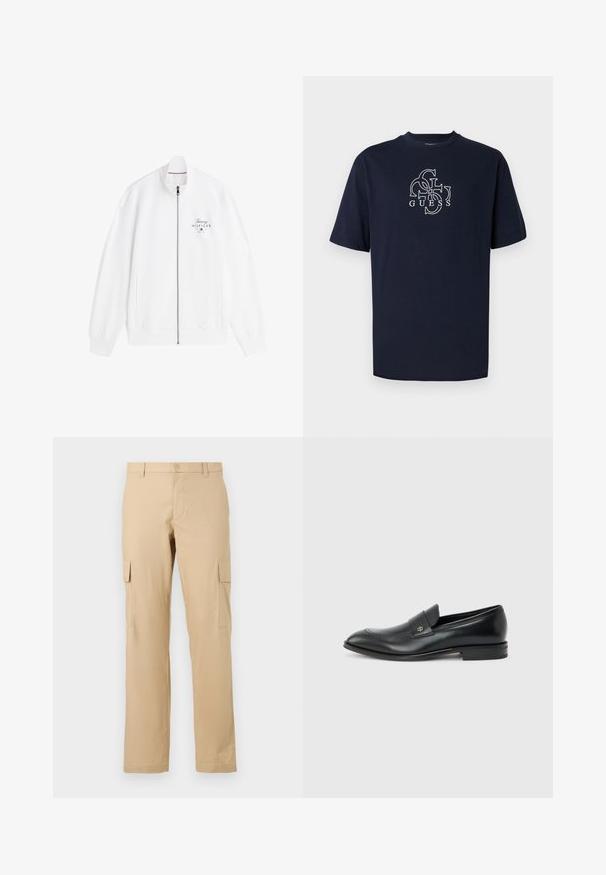 Chaqueta blanca con cremallera, cuello alto, puños de canalé y logo "Tommy Hilfiger" en el pecho izquierdo.; Camiseta de algodón azul marino de manga corta, con un diseño de logotipo blanco estilizado en el pecho. Cuello redondo clásico.; Pantalones cargo beige de algodón con corte recto, que presentan bolsillos laterales y un cierre de botón en la cintura. Textura suave, sin patrones.; Mocasín de cuero negro para hombre con tacón bajo, punta redondeada y pequeño logo metálico en la correa, mostrado de perfil sobre un fondo liso.