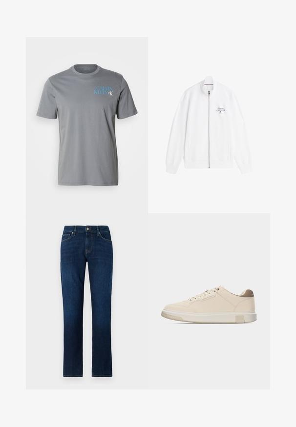 Valge lukkudega jakk kõrge kraega, soonikkoes mansettidega ja vasakul rinnal "Tommy Hilfiger" logo.; Hall helesin hall t-särk, ümar kaelus, lühikesed varrukad, millel on sinine "CALVIN KLEIN" tekst trükitud vasakule küljele. Sile tekstuur.; Tumedad sinised sirged denim teksad, millel on ees nööp ja tõmblukk, viie tasku disain ja kontrastne õmblemine.; Madal profiiliga beež tennisejalanõu, esiküljel paeltega, "Armani Exchange" logo küljel ja pehmendusega valge tallaga, millel on "A|X" bränding.