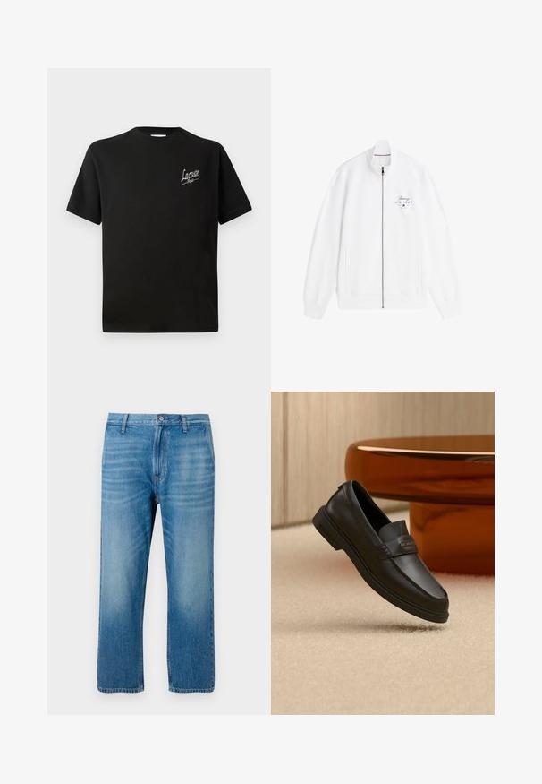 Valge lukkudega jakk kõrge kraega, soonikkoes mansettidega ja vasakul rinnal "Tommy Hilfiger" logo.; Must musta t-särk lühikeste varrukatega, millel on vasakul rinnal prinditud valge "Lacoste" logo. Ümmargune kaelus.; Heledad sinine teksapüksid sirge lõikega, viie taskuga disain, nupuga sulgemine ja õrn pleekimine esiosas. Ilma nähtavate mustriteta.; Mustast nahast libiseva stiiliga king tikanditega, tõstetud krae ja lameda kummipõhjaga, asetatud pehme beeži pinna kohale.