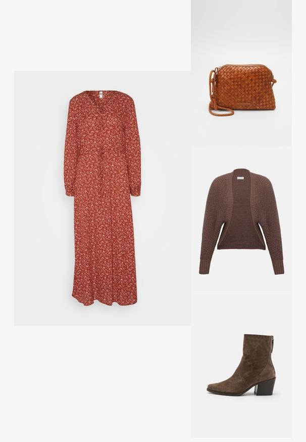 Cardigan marron avec un motif en maille texturée, devant ouvert et manches larges. Poignets et ourlet côtelés pour plus de tenue. Tissu léger et respirant.; JDY JDYCANA DRESS - Robe longue - burnt brick; Bottes à chevilles en suede marron avec un bout pointu, une fermeture éclair sur le côté et un talon épais. Présente une texture lisse et des détails de couture minimalistes.; Sac en cuir tressé marron en bandoulière avec une fermeture éclair, de forme arrondie et une poignée tressée. Il présente une petite plaque logo rectangulaire.