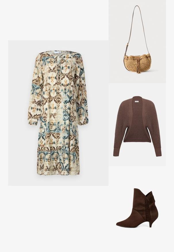 Cardigan marron avec un motif en maille texturée, devant ouvert et manches larges. Poignets et ourlet côtelés pour plus de tenue. Tissu léger et respirant.; Robe à manches longues imprimée dans des tons naturels, présentant un motif abstrait de bleu, marron et orange. Encolure ronde avec un détail à nouer.; Bottine en suède marron avec un talon moyen, un bout pointu et des détails de couture subtils. Texture lisse et design ajusté.; Petit sac d'épaule tressé beige avec bandoulière en cuir marron réglable et détail de lien en cuir à l'avant, suspendu sur fond blanc.