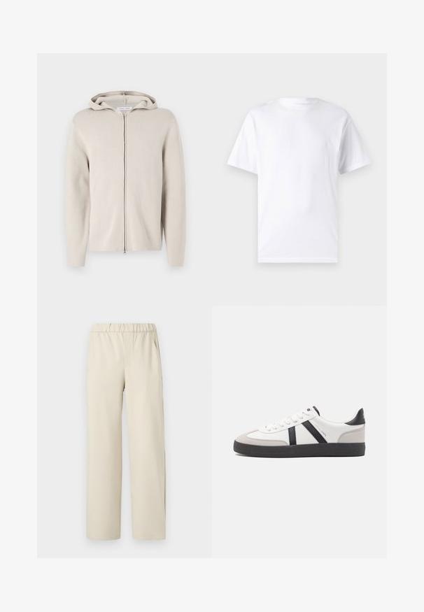 Veste à capuche zippée beige avec une texture douce, dotée d'une capuche, de manches longues et d'une coupe droite. Design minimaliste sans ornements.; T-shirt blanc à manches courtes en coton avec un col rond, présentant une texture lisse et un design simple, sans motifs ni accents.; Pantalons larges beiges avec une taille élastique, fabriqués en tissu doux. Présente une texture lisse et sans motifs ni éléments métalliques visibles.; Baskets blanches avec des accents noirs et gris, présentant un embout texturé gris, une semelle en caoutchouc noir et des lacets plats blancs. Design épuré, style minimaliste.