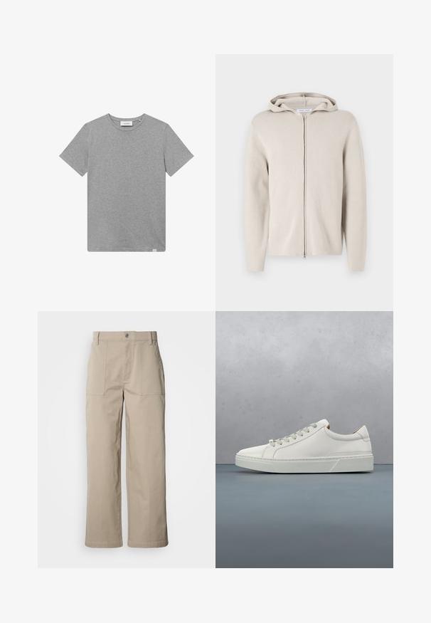 Sudadera beige con cremallera y textura suave, que presenta una capucha, mangas largas y un corte recto. Diseño minimalista sin adornos.; Camiseta gris de manga corta hecha de una mezcla de algodón. Presenta un cuello redondo y un pequeño detalle de logo en el lado izquierdo del frente.; Pantalones beige de pierna ancha hechos de algodón; cuentan con bolsillos frontales de parche, cierre con botón y costuras visibles a lo largo de los dobladillos.; Zapatilla blanca de cuero con punta redondeada, diseño minimalista, cordones grises y suela de goma texturizada gris. Detalles de costura sutiles visibles.