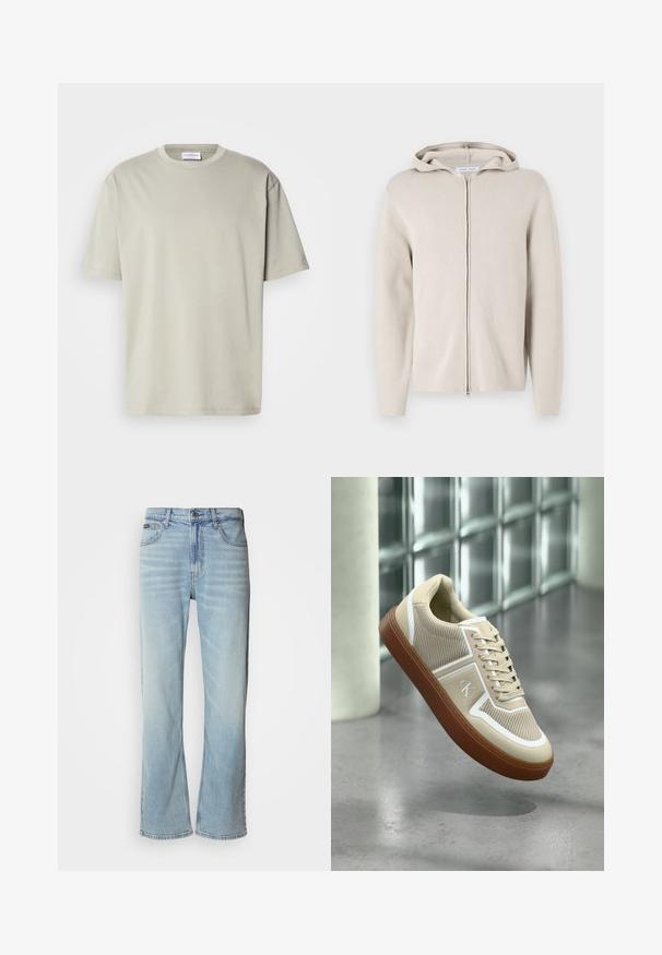 Beige zip-up huppari pehmeällä pinnalla, jossa on huppu, pitkät hihat ja suora leikkaus. Minimalistinen muotoilu ilman koristeita.; Vaalea harmaa puuvillapaita, jossa on pyöreä kaula-aukko, lyhyet hihat ja rento istuvuus. Sileä pinta ja yksinkertainen muotoilu, ilman kuvioita tai koristeita.; Vaalean siniset farkut suoralla lahkeella, joissa on viisi taskua, nappisulku ja hienovarainen haalistuma kankaassa.; Beige-tennarikenkä, jossa valkoiset yksityiskohdat ja ruskea pohja, roikkuu kiillotetun betonilattian yläpuolella lasitiiliseinän vieressä modernissa sisätilassa.