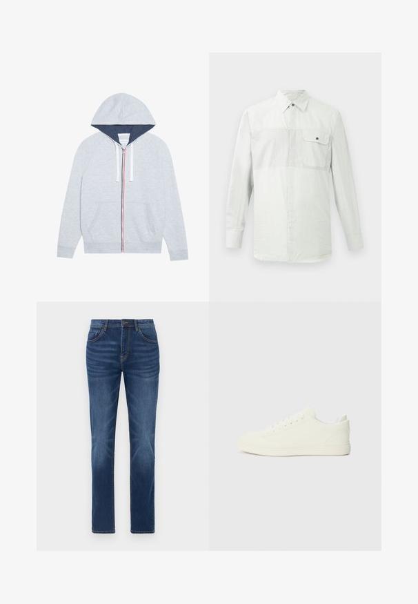 Hellgrau zip-up Hoodie mit einer marineblauen Kapuze, kontrastierenden roten und blauen Reißverschlussakzenten sowie zwei vorderen aufgesetzten Taschen.; Weißes langärmliges Hemd mit Knopfleiste, dezenten vertikalen Streifen und einer einzigen geknöpften Brusttasche auf der linken Seite.; Dunkelblaue Denim-Jeans mit klassischem gerade geschnittenem Schnitt, Fünf-Taschen-Design und leichtem Verblassen an den Beinen. Mit Knopf- und Reißverschluss.; Weiße Sneaker mit einer glatten Oberflächenstruktur, runder Zehenpartie und traditioneller Schnürung, im minimalistischen Design und mit Gummisohle.