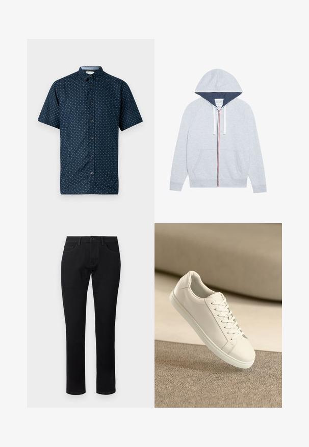 Lys grå zip-up hættejakke med en marineblå foret hætte, kontrasterende røde og blå lynlåse, samt to frontlommer.; Korte ærmer navy knap-op skjorte med et lille hvidt bladmønster, krave og mørke knapper. Fremstillet af letvægtsstof, glat tekstur.; TOM TAILOR TTJOSH REGULAR SLIM FIT - Jeans Tapered Fit - black denim; Hvide lædersneakers med hvide snørebånd, præsenteret på en beige tekstureret overflade og med en blødt uskarp baggrund.