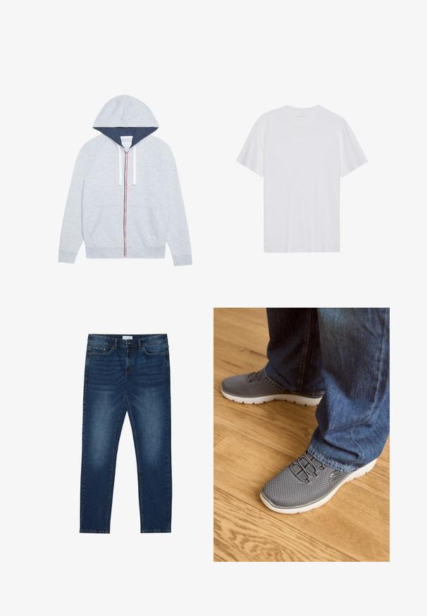 Haut à capuche zippé gris clair avec une capuche doublée de bleu marine, des accents de fermeture éclair rouges et bleus contrastants, et deux poches plaquées à l'avant.; T-shirt en coton blanc à manches courtes, col rond et texture lisse. Présente un branding minimal au niveau du col.; Jean slim-fit bleu foncé avec des détails délavés, design classique à cinq poches, fermeture à bouton et passants de ceinture.; Des chaussures de sport grises avec une tige en maille, une semelle blanche et des lacets élastiques. Associées à un jean en denim bleu, sur un sol en bois.