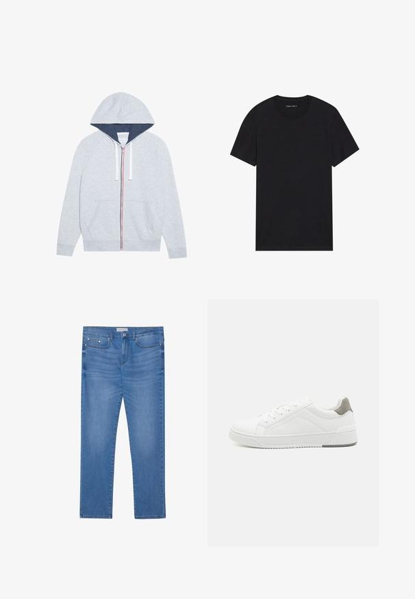Lys grå zip-up hættejakke med en marineblå foret hætte, kontrasterende røde og blå lynlåse, samt to frontlommer.; Sort bomulds t-shirt med korte ærmer og rund halsudskæring. Stoffet har en glat tekstur og et enkelt, ensfarvet design.; Lyseblå denimjeans med lige ben, femlommes design, subtil falming og metalbeslag ved taljen og lommerne.; Hvid sneaker lavet af glat læder, rund tå, minimalistisk design, grå hælafsats og tekstureret gummisål.