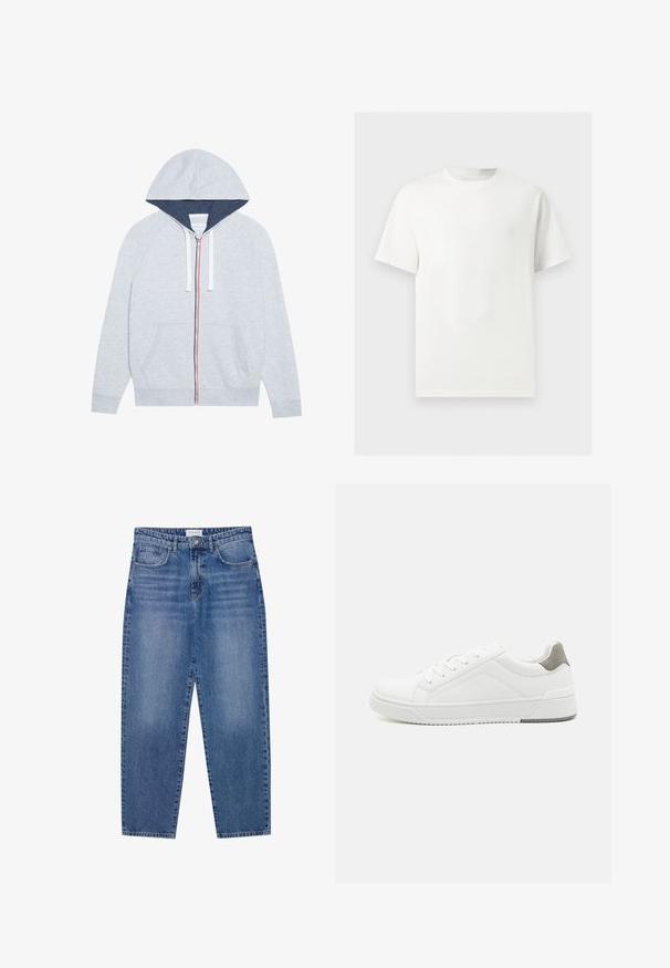Lichtgrijze zip-up hoodie met een marineblauwe gevoerde capuchon, contrasterende rode en blauwe ritsaccenten, en twee voorste patchzakken.; Effen wit T-shirt met korte mouwen en ronde hals, weergegeven op een lichtgrijze achtergrond.; Blauwe denim jeans met een hoge taille, rechte pijpen en een vervaagde afwerking. Beschikt over vijf zakken en een knoopsluiting.; Witte sneaker van glad leer met een ronde neus, minimalistisch ontwerp, grijze hielaccent en een geplaatste rubberen zool.