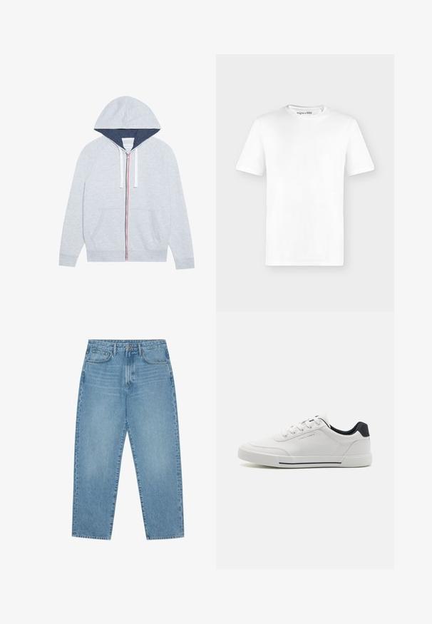 Lys grå zip-up hættejakke med en marineblå foret hætte, kontrasterende røde og blå lynlåse, samt to frontlommer.; Enkelt hvid T-shirt med korte ærmer og rund hals, vist forfra mod en lys grå baggrund uden synlige logoer.; Lyseblå denimjeans med lige ben, fem-lomme design og en let falmet struktur. Indeholder knap- og lynlåslukning.; Hvide sneakers med en glat syntetisk overdel, rund tå, snørebåndsdesign, marineblå accent på hælen og en tekstureret gummisål med en sort stribe.