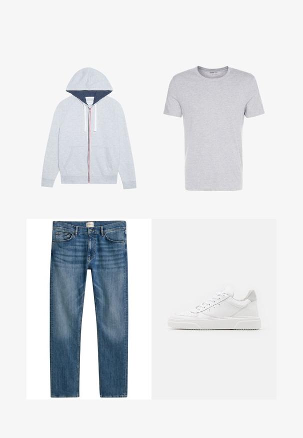 Lys grå zip-up hættejakke med en marineblå foret hætte, kontrasterende røde og blå lynlåse, samt to frontlommer.; Grå bomulds T-shirt med rund hals, korte ærmer og et enkelt design, som har en blød, glat tekstur uden synlige mønstre eller udsmykninger.; Blå denimjeans med lige snit, der har fem lommer, knaplukning og let falmning over stoffet for tekstur.; Hvide lædersneakers med en glat finish, rund tå, flade snørebånd og en struktureret sål. Grå ruskindsdetalje ved hælen.