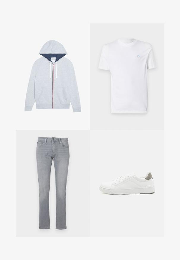 Hellgrau zip-up Hoodie mit einer marineblauen Kapuze, kontrastierenden roten und blauen Reißverschlussakzenten sowie zwei vorderen aufgesetzten Taschen.; Weißes Baumwoll-T-Shirt mit rundem Halsausschnitt und kurzen Ärmeln, mit einem hellblauen Logo auf der linken Brust. Glatte Textur, schlichtes Design.; Graue Jeans aus Denim mit geradem Bein, ausgestattet mit einem Frontknopf und einem Reißverschluss, fünf Taschen und subtilen Verwaschungen.; Weißer Sneaker aus glattem Leder, runde Zehenpartie, minimalistisches Design, graue Fersenkante und strukturierte Gummisohle.