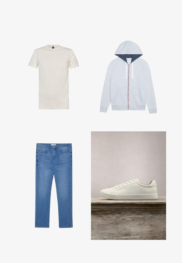 Lichtgrijze zip-up hoodie met een marineblauwe gevoerde capuchon, contrasterende rode en blauwe ritsaccenten, en twee voorste patchzakken.; Crewneck t-shirt met korte mouwen in off-white katoen. Heeft een gladde textuur, standaard pasvorm en een minimalistisch ontwerp zonder patronen.; Lichtblauwe spijkerbroek met een rechte pijp, vijf zakken, subtiele vervaging en metalen accenten op de taille en zakken.; Witte vetersneaker die boven een houten bank zweeft met groene bladeren op de achtergrond, waarbij het ontwerp en de textuur van de schoen worden getoond.