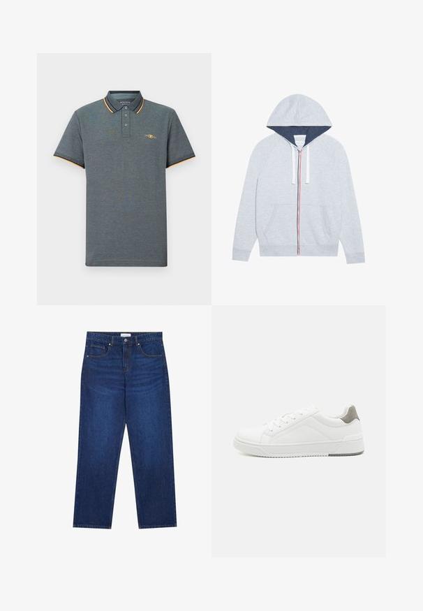 Lys grå zip-up hættejakke med en marineblå foret hætte, kontrasterende røde og blå lynlåse, samt to frontlommer.; Grå polo shirt med et tekstureret stof, der har en tre-knaps placket, lyseblå og orange kraveaccenter samt et lille logo på brystet.; Mørkeblå denimjeans med lige ben-design, der har en knap- og lynlåslukning, fem lommer og synlige syninger.; Hvid sneaker lavet af glat læder, rund tå, minimalistisk design, grå hælafsats og tekstureret gummisål.