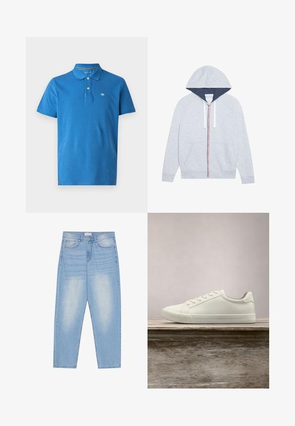 Lichtgrijze zip-up hoodie met een marineblauwe gevoerde capuchon, contrasterende rode en blauwe ritsaccenten, en twee voorste patchzakken.; Blauwe poloshirt van katoen, met een kraag, een sluiting met twee knopen, korte mouwen en een klein logo op de borst.; Lichtblauwe denim jeans met een relaxte pasvorm, uitgerust met vijf zakken, subtiele vervaging en stiksels langs de naden.; Witte vetersneaker die boven een houten bank zweeft met groene bladeren op de achtergrond, waarbij het ontwerp en de textuur van de schoen worden getoond.