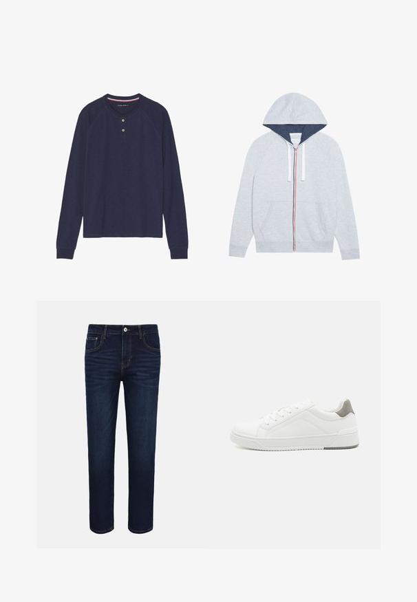 Sudadera con cremallera de color gris claro, con capucha forrada en azul marino, detalles de cremallera en rojo y azul contrastantes, y dos bolsillos frontales tipo parche.; Camiseta henley de manga larga azul marino con escote redondeado, tapeta con dos botones y puños acanalados. Textura suave, diseño casual.; Vaqueros de denim azul oscuro con bolsillos delanteros, cierre con botones y detalles sutiles desgastados en los muslos sobre un fondo blanco.; Zapatilla blanca con material de cuero liso, punta redonda, diseño minimalista, acento gris en el talón y suela de goma texturizada.