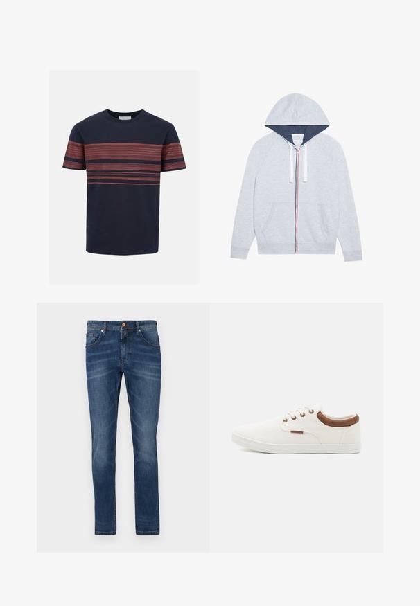 Haut à capuche zippé gris clair avec une capuche doublée de bleu marine, des accents de fermeture éclair rouges et bleus contrastants, et deux poches plaquées à l'avant.; T-shirt bleu marine à manches courtes avec fines rayures rouges horizontales sur la poitrine et les manches, col rond.; Jeans en denim bleu foncé avec une coupe droite, cinq poches, un léger dégradé, des coutures contrastées et une fermeture à bouton à la taille.; Baskets en toile blanches avec une texture lisse, des accents en cuir marron au talon et cinq œillets en métal pour les lacets. Elles disposent d'une semelle plate en caoutchouc.