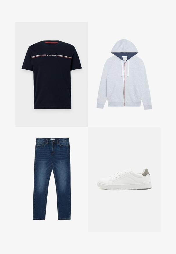Lys grå zip-up hættejakke med en marineblå foret hætte, kontrasterende røde og blå lynlåse, samt to frontlommer.; Marineblå bomulds-t-shirt med korte ærmer og rund halsudskæring, med en hvid og rød horisontal stribedetalje og "TOM TAILOR" logo.; Mørkeblå slim-fit jeans med falmede detaljer, klassisk fem-lomme design, knappelukning og bæltestropper.; Hvid sneaker lavet af glat læder, rund tå, minimalistisk design, grå hælafsats og tekstureret gummisål.