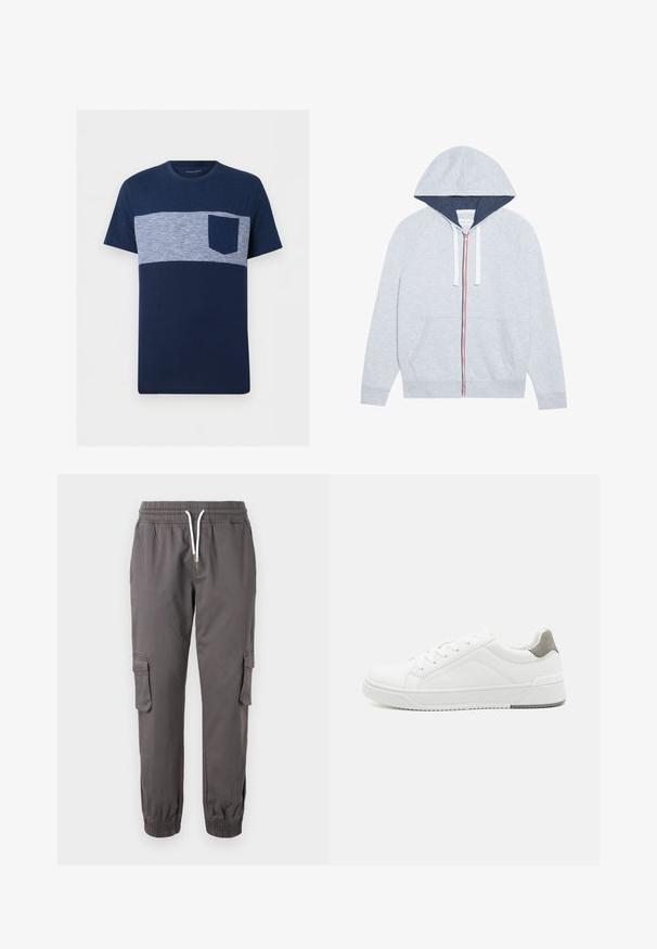 Haut à capuche zippé gris clair avec une capuche doublée de bleu marine, des accents de fermeture éclair rouges et bleus contrastants, et deux poches plaquées à l'avant.; T-shirt homme bleu marine à manches courtes avec une bande horizontale rayée bleu clair et blanc sur la poitrine et une poche poitrine unie bleu marine.; Pier One by Zalando RELAXED CARGO - Pantalon cargo - dark grey; Basket blanche en cuir lisse, à bout arrondi, design minimaliste, accent de talon gris et semelle en caoutchouc texturé.