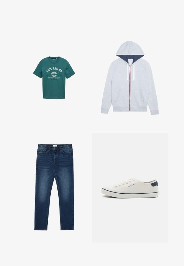 Lys grå zip-up hættejakke med en marineblå foret hætte, kontrasterende røde og blå lynlåse, samt to frontlommer.; Teal kortærmet t-shirt lavet af bomuld med rund halsudskæring og hvid tekst "TOM TAILOR" samt design detaljer på forsiden.; Mørkeblå slim-fit jeans med falmede detaljer, klassisk fem-lomme design, knappelukning og bæltestropper.; Canvas sneakers i off-white med navy accenter, med rund tå, snørrestruktur og struktureret gummisål. Enkel og ren æstetik.