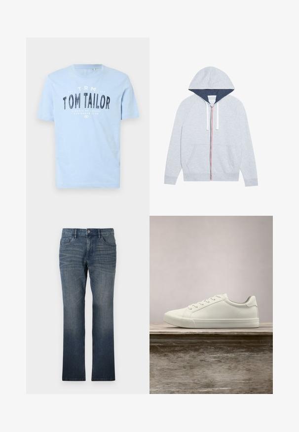 Lys grå zip-up hættejakke med en marineblå foret hætte, kontrasterende røde og blå lynlåse, samt to frontlommer.; Lyseblå bomulds t-shirt med rund halsudskæring og korte ærmer. Den har kraftig sort trykt tekst: "TOM TAILOR" samt yderligere brandingdetaljer.; TOM TAILOR MARVIN - Jeans Straight Leg - dark stone wash denim; Hvide snørresneakers svævende over en træbænk med grønne planter i baggrunden, der fremhæver skodesign og tekstur.
