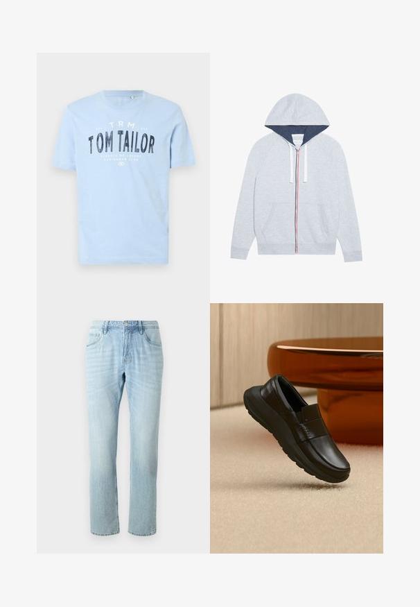 Hellgrau zip-up Hoodie mit einer marineblauen Kapuze, kontrastierenden roten und blauen Reißverschlussakzenten sowie zwei vorderen aufgesetzten Taschen.; Hellblaues Baumwoll-T-Shirt mit rundem Ausschnitt und kurzen Ärmeln. Es hat fettgedruckten, schwarzen Text: "TOM TAILOR" und weitere Branding-Details.; Hellblaue Jeans aus Denim im geraden Schnitt, mit fünf Taschen, dezentem Verblassen und einem Metallknopf am Bund.; Schwarzer Ledermokassin mit dicker Sohle, dargestellt über beigem Teppich und nahe einer runden bernsteinfarbenen Tischbasis.