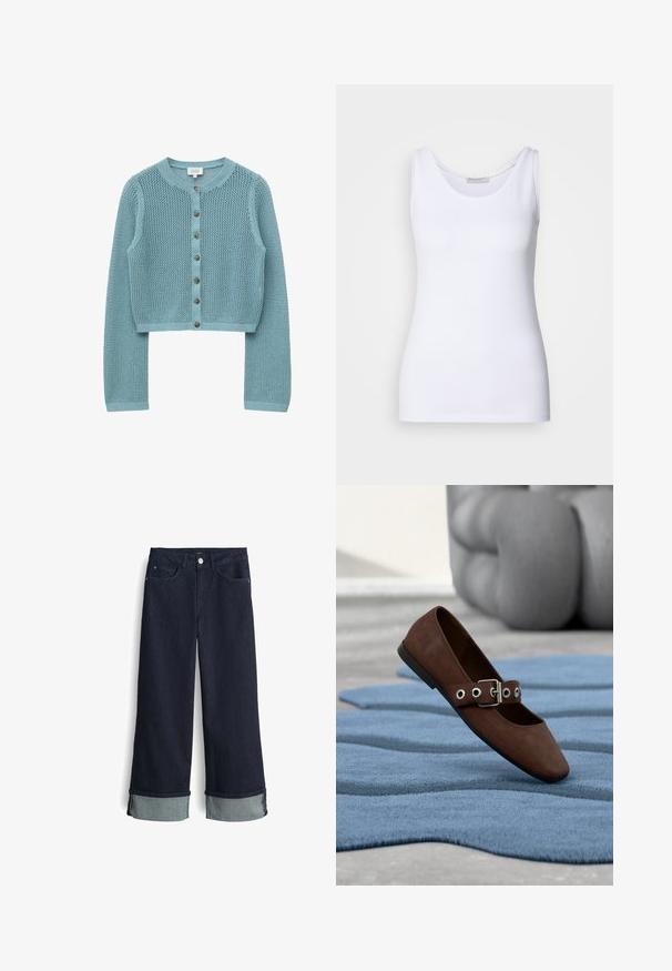 Hellblaue Strickjacke mit langen Ärmeln, rundem Ausschnitt und sieben braunen Knöpfen vorne, aus einem meshartigen, strukturierten Stoff gefertigt.; Weißes Tanktop aus glattem, dehnbarem Stoff. Verfügt über einen runden Halsausschnitt und breite Träger. Der Saum sitzt knapp unter der Taille. Keine Muster oder Akzente.; Dunkelblaue Denim-Jeans mit weitem Bein und hoher Taille, mit umgeschlagenen Säumen in einem helleren Blauton und klassischem Vier-Taschen-Design.; Brauner Wildlederflacher Schuh mit Schnallenriemen auf einem strukturierten blauen Teppich, im Hintergrund graue, getuftete Möbel.